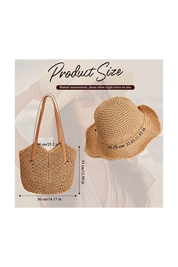 SATINIOR Grand Sac à Bandoulière en Paille Tissé à Main Boho Chapeau en Paille à Large Bord Pliable pour Été Plage Marron Cl