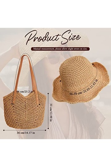 SATINIOR Grand Sac à Bandoulière en Paille Tissé à Main Boho Chapeau en Paille à Large Bord Pliable pour Été Plage Marron Cl
