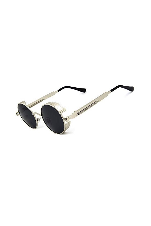 RONSOU Steampunk Style Ronde Vintage Polarisées Lunettes de Soleil Rétro Lunettes UV400 Protection Métal Cadre cadre argenté/