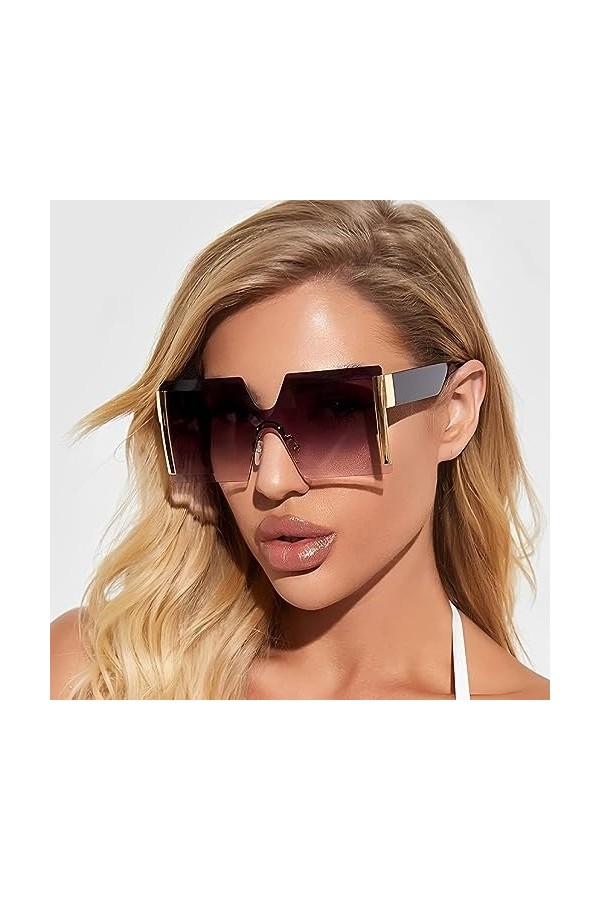 No Name Ltd Lunettes de soleil surdimensionnées à demi-bord pour femme - Élégantes - Bord doré - Sans monture - Visière plate