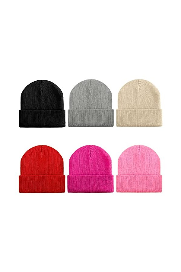 Geebuzz Lot de 6 bonnets tricotés pour homme et femme - Couleur unie - Chaud - Col côtelé, Lot de 6 - Multicolore - 2, taille