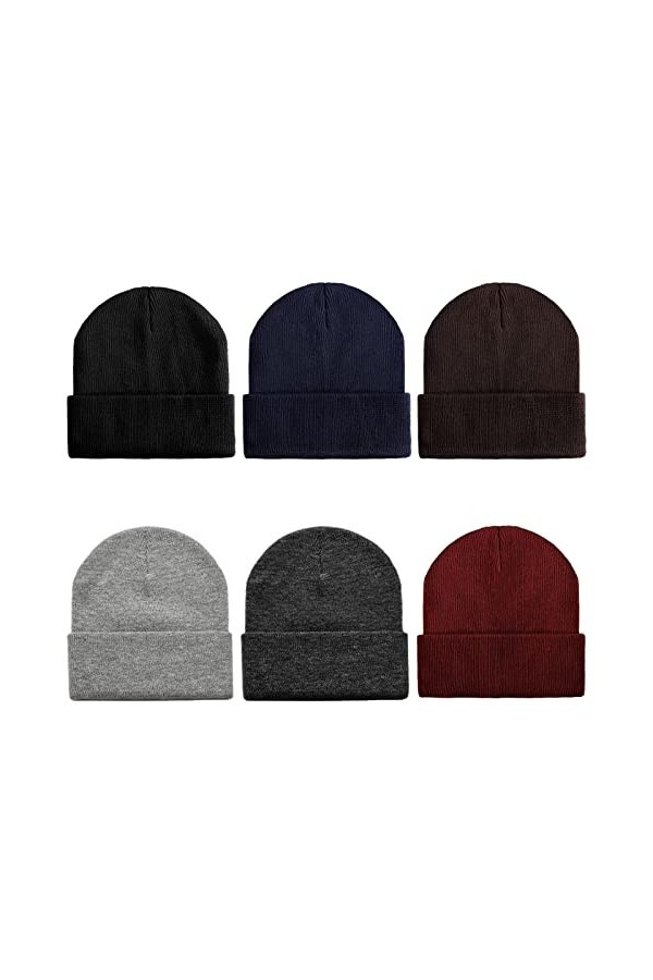 Geebuzz Lot de 6 bonnets tricotés pour homme et femme - Couleur unie - Chaud - Col côtelé, Lot de 6 - Multicolore - 2, taille