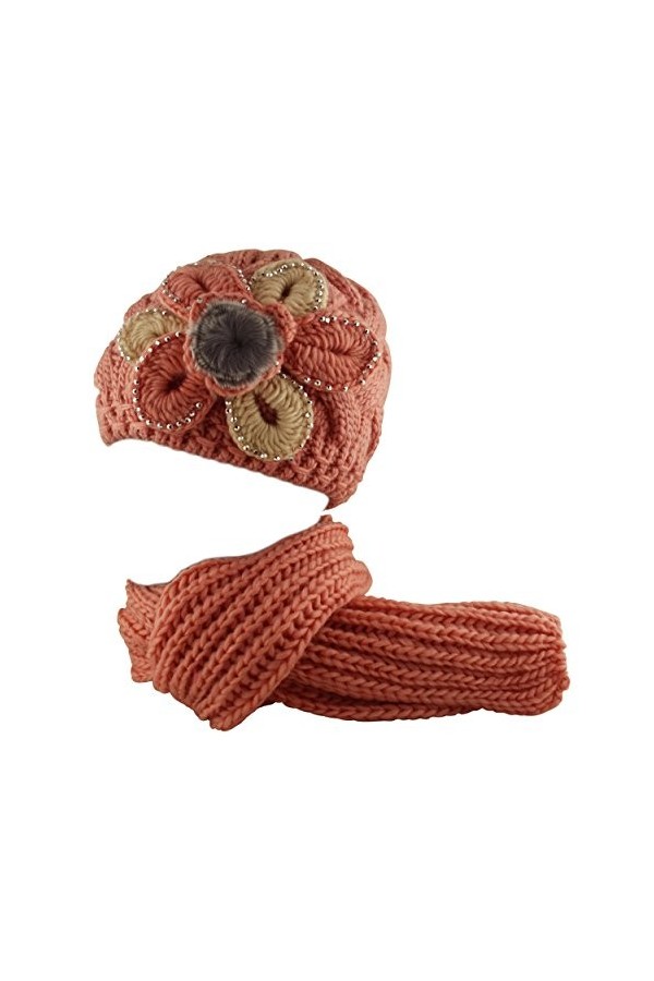 Ensemble bonnet écharpe 2 pièces pour femme en tricot avec fleurs en fausse fourrure Rose, rose, Taille unique
