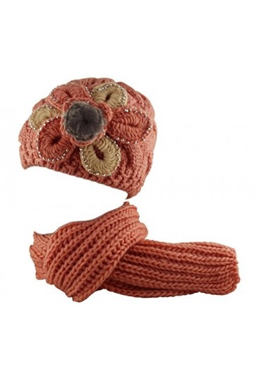 Ensemble bonnet écharpe 2 pièces pour femme en tricot avec fleurs en fausse fourrure Rose, rose, Taille unique