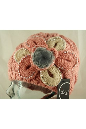 Ensemble bonnet écharpe 2 pièces pour femme en tricot avec fleurs en fausse fourrure Rose, rose, Taille unique