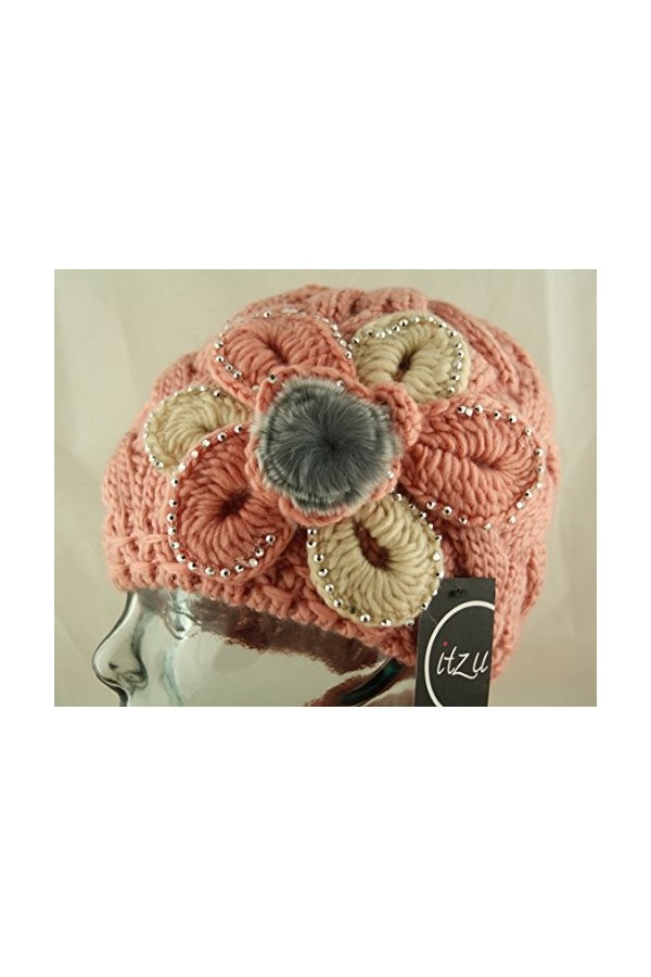 Ensemble bonnet écharpe 2 pièces pour femme en tricot avec fleurs en fausse fourrure Rose, rose, Taille unique