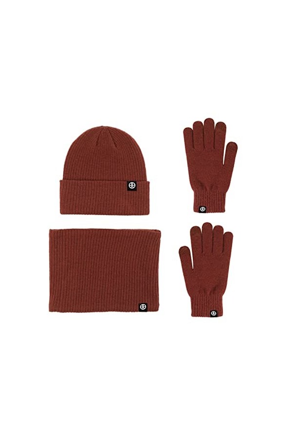 LumiSyne Hiver 3 En 1 Packs Bonnet Tricoté Écharpe Et Gants Homme Femme Couleur Unie Bonnet Tricoté Gants dÉcran Cache-Cou A