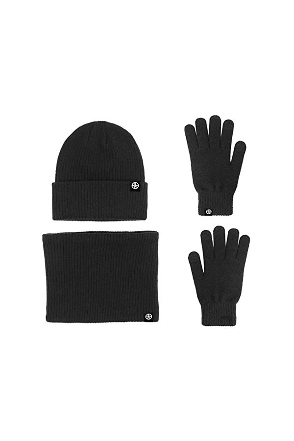 LumiSyne Hiver 3 En 1 Packs Bonnet Tricoté Écharpe Et Gants Homme Femme Couleur Unie Bonnet Tricoté Gants dÉcran Cache-Cou A