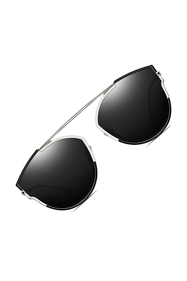 ATTCL Lunettes de soleil pour femme 100 % polarisées protection UV verres plats effet miroir monture métallique - Noir - M