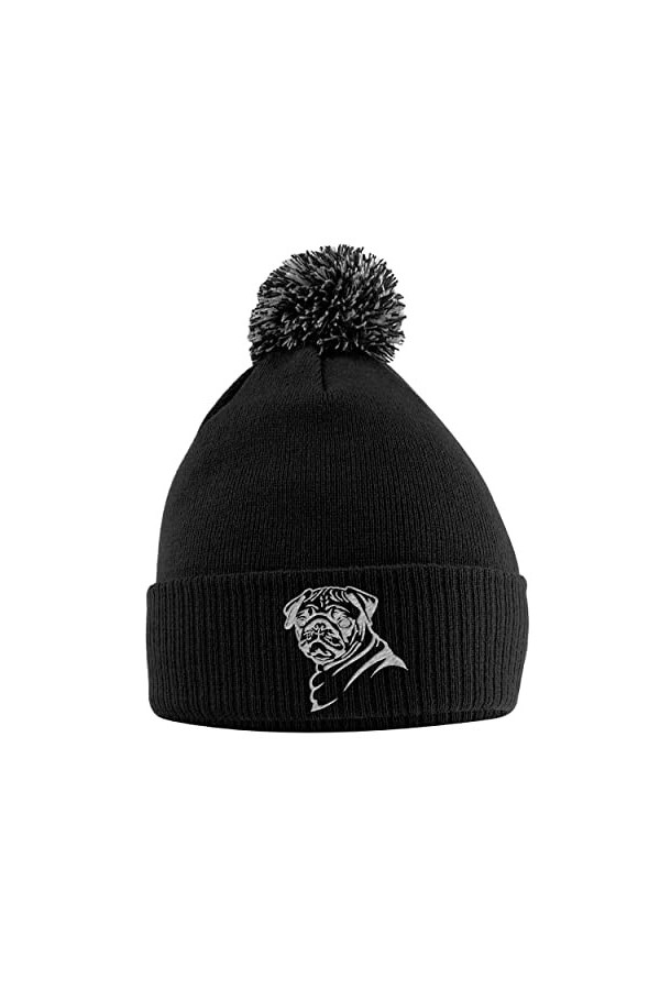 Purple Print House Chapeau carlin - Bonnet à pompon - Cadeau pour propriétaire de chien - Bonnet dhiver avec carlin brodé su