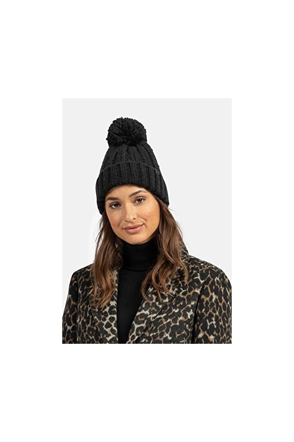 BICKLEY + MITCHELL Bonnet en Tricot à Pompons pour Femme 2001-21-9-20, Noir, Taille Unique