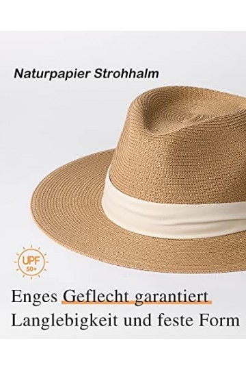FURTALK Panama Unisexe Chapeau de Paille à Larges Bords Chapeau de Soleil pour Femmes et Hommes Chapeau de Paille Ajustable
