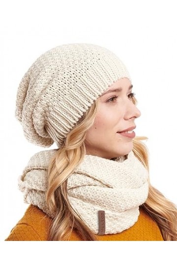 Hilltop Lot de 2 écharpes dhiver et bonnet en tricot assorti, beige, taille unique