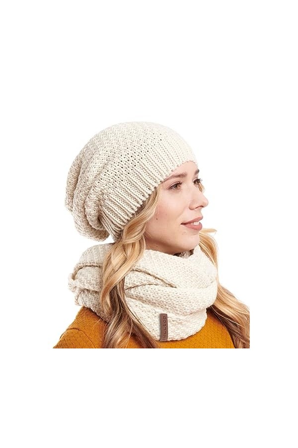 Hilltop Lot de 2 écharpes dhiver et bonnet en tricot assorti, beige, taille unique