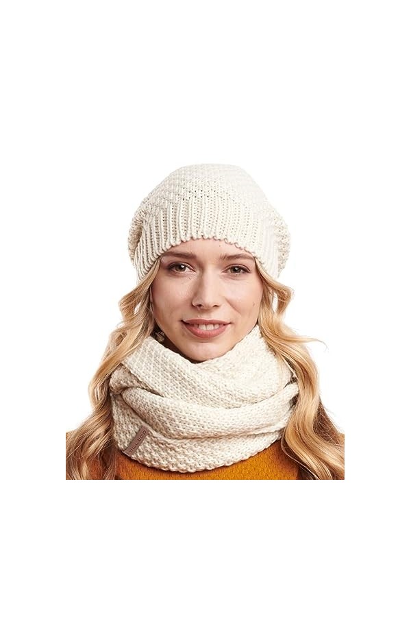 Hilltop Lot de 2 écharpes dhiver et bonnet en tricot assorti, beige, taille unique