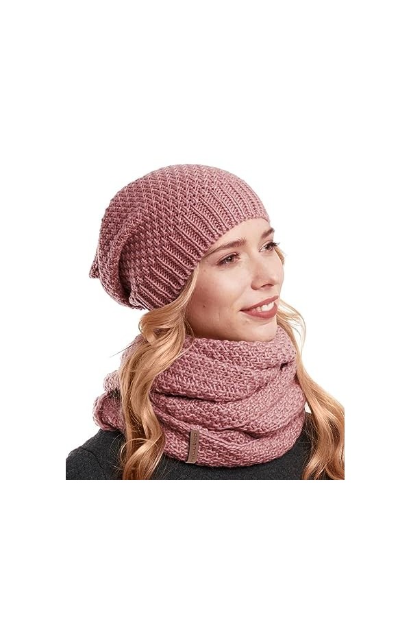 Hilltop Lot de 2 écharpes dhiver et bonnet en tricot assorti, Rose, taille unique