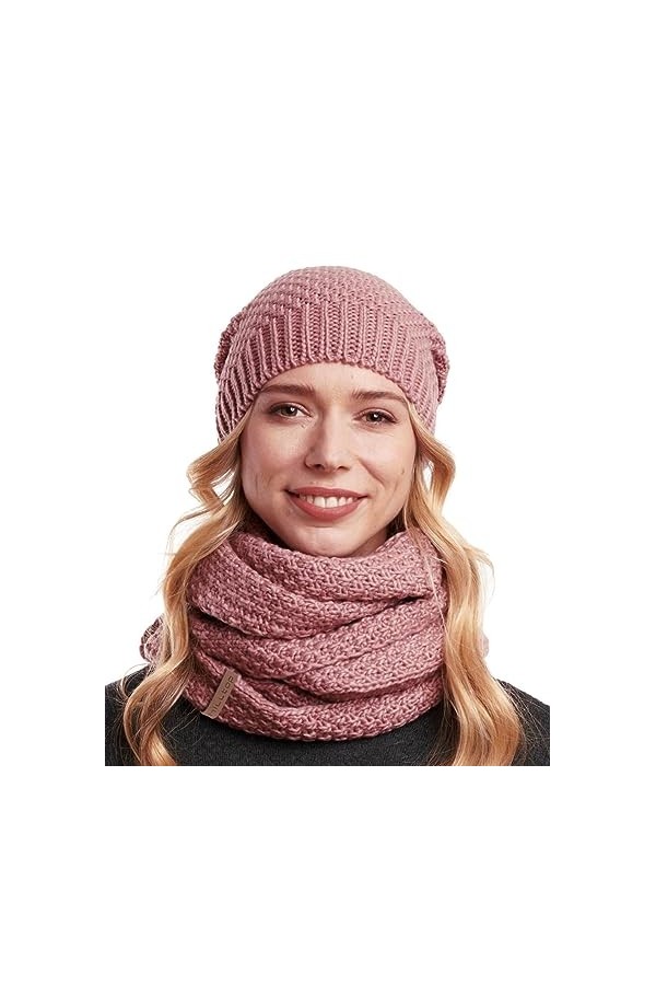 Hilltop Lot de 2 écharpes dhiver et bonnet en tricot assorti, Rose, taille unique