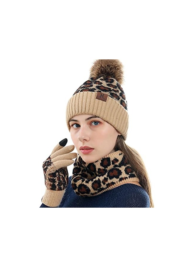 CAMLAKEE Ensemble dhiver chaud pour femme avec bonnet, écharpe tube et gants pour écran tactile avec doublure polaire et mot