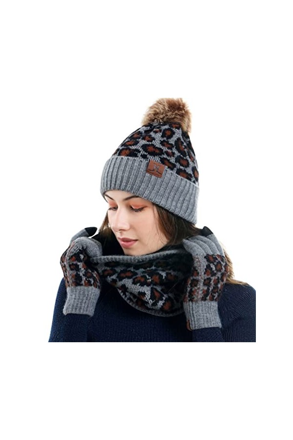 CAMLAKEE Ensemble dhiver chaud pour femme avec bonnet, écharpe tube et gants pour écran tactile avec doublure polaire et mot