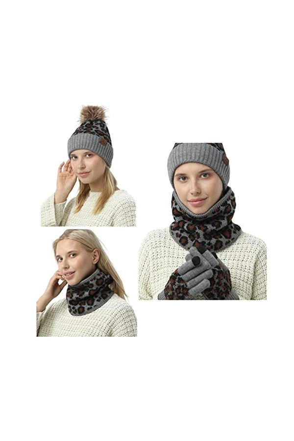 CAMLAKEE Ensemble dhiver chaud pour femme avec bonnet, écharpe tube et gants pour écran tactile avec doublure polaire et mot