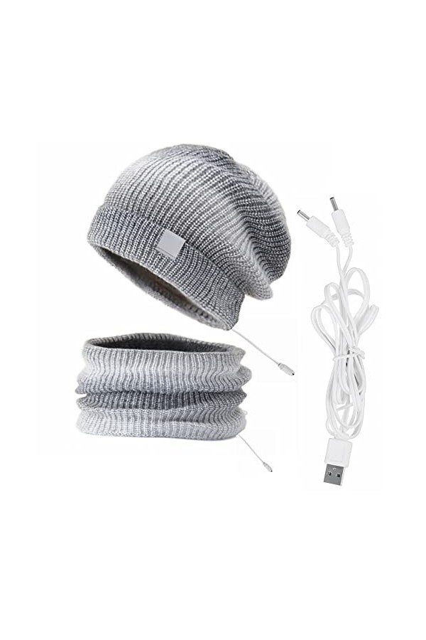 Ensemble Bonnet Chauffant USB de Homme et Femme, MoreChioce 2 en 1 5V Ensemble Chapeau Dhiver Écharpe USB Rechargeable Élect