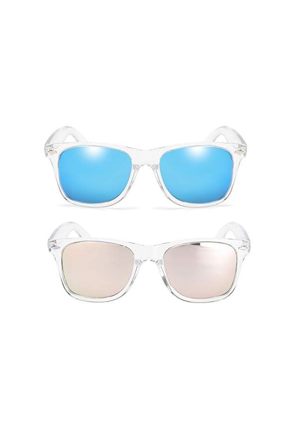 Long Keeper Lunettes de soleil Polarisées Classic Vintage Lunettes de soleil Carrées pour Femmes Homme Rose+Bleu transparent