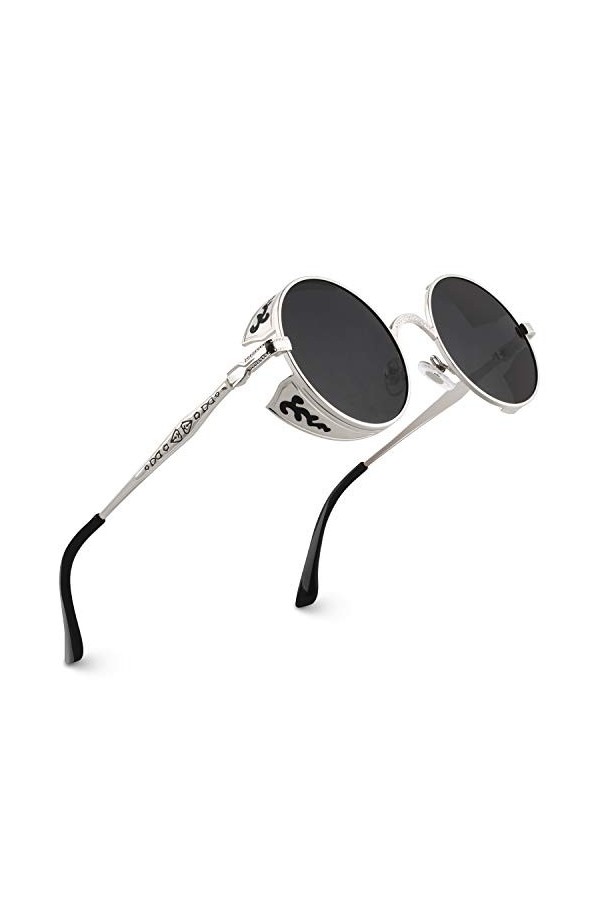 CGID E72 Lunettes de soleil homme femme ronde polarisées inspirées du style retro Steampunk en cercle métallique