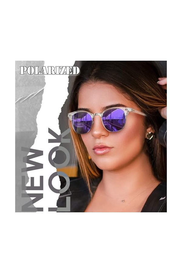 Joopin Demi Cercle Lunettes de Soleil Homme Lunettes de Transparent Violet Miroir Polarisées et Lunette de Soleil Rétro pour 