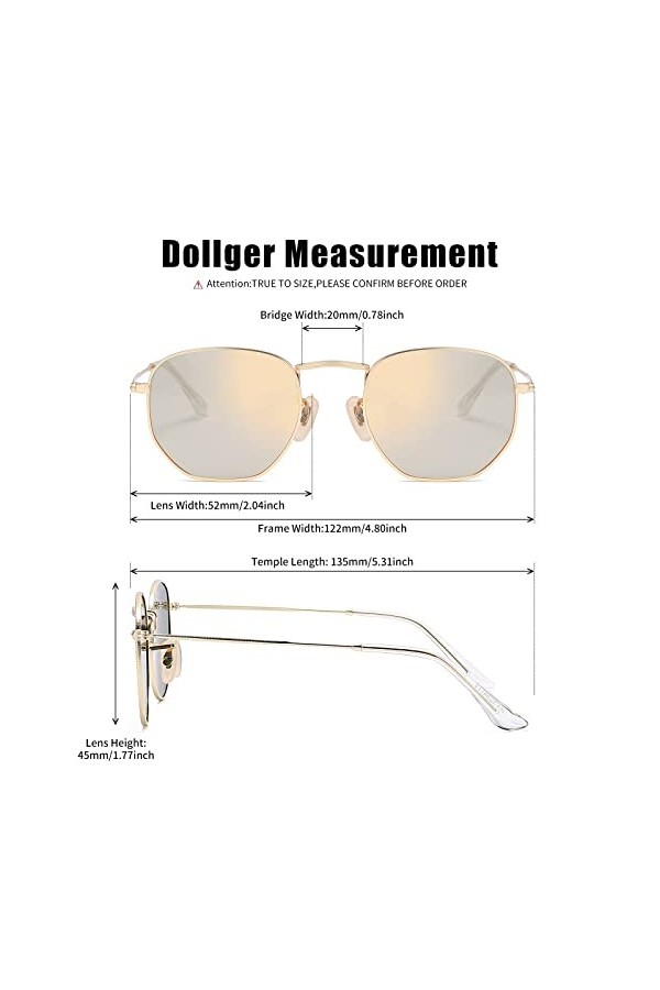 Lunettes de Soleil Polarisée pour Femme Homme Mode Métal Carré Monture Lunettes de Soleil Protection UV400 Monture Doré/Lunet
