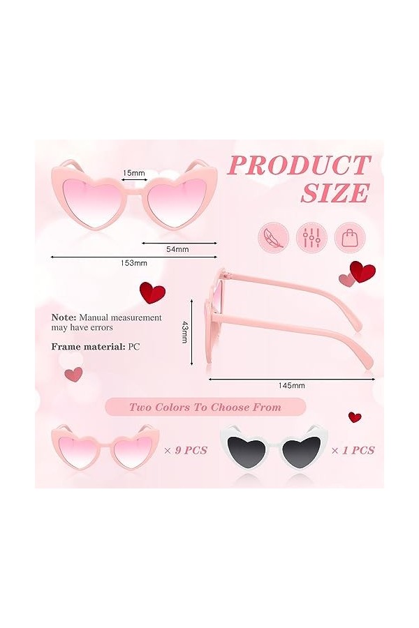 Photect 10 Pièces Lunettes de Soleil de Coeur Rétro pour Femme Fille Lunettes de Soleil en Forme de Coeur Vintage Lunettes de