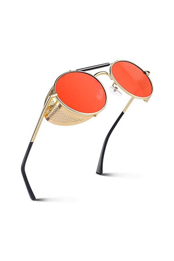 GQUEEN Lunettes de Soleil Homme Femme Polarisées Rétro Ronde Métal Steampunk Avec Protection UV400