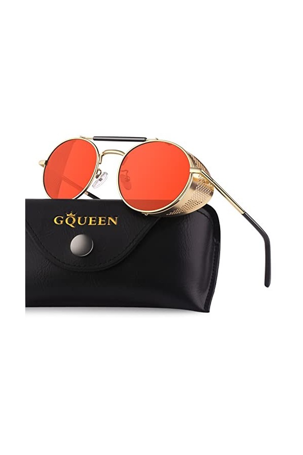 GQUEEN Lunettes de Soleil Homme Femme Polarisées Rétro Ronde Métal Steampunk Avec Protection UV400
