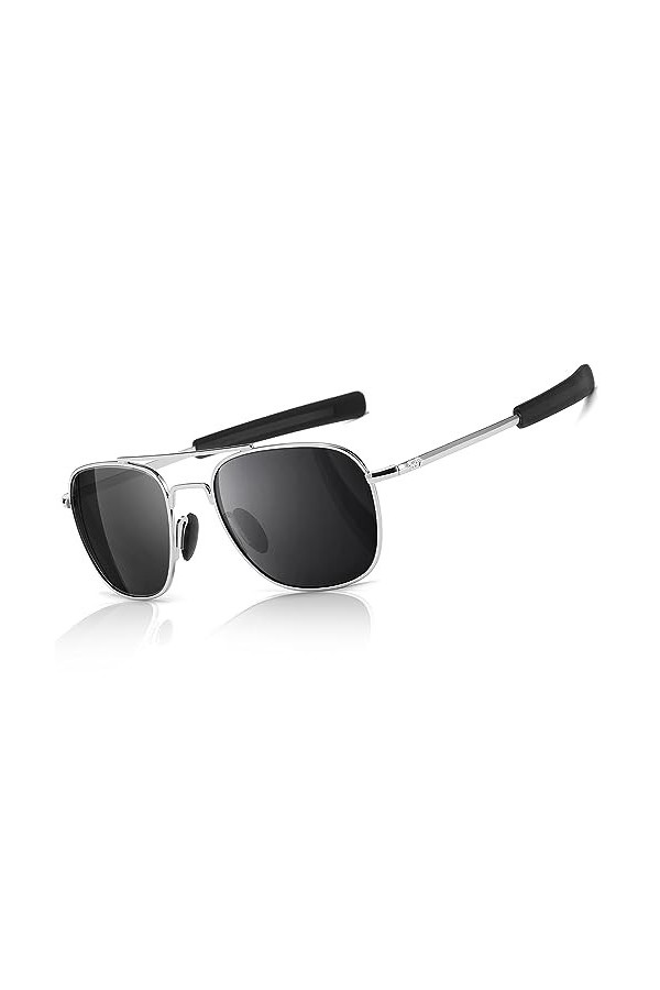 SUNGAIT Lunettes de soleil militaires pour hommes, style pilote polarisé - Temples à baïonnette argent Cadre/Gris Lentille A2