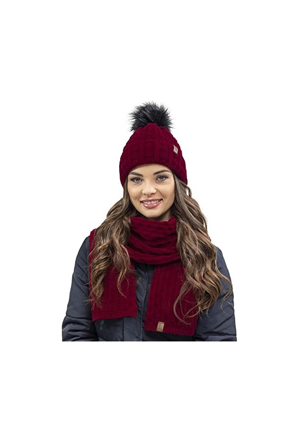 VIVISENCE Bonnet Et Echarpe Ensemble dhiver 7015Kmpl, Bordeaux,UNI