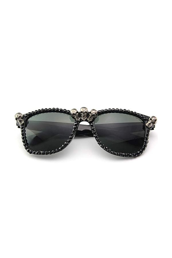 Lunettes De Soleil Femme,Lunettes De Soleil En Strass Cat Eye Femmes Crâne Noir Punk Lunettes De Soleil Rondes Pour Festival 