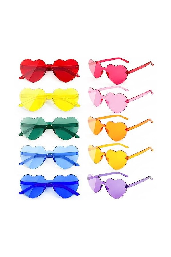 SUNOVELTIES Lot de 10 lunettes de soleil en forme de cœur pour femmes, lunettes de soleil amusantes sans monture - Verres tra