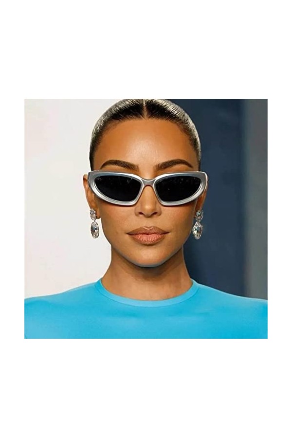 No Name Ltd Kim K Lunettes de soleil argentées pour tous les sports Style célébrité Futuriste Verres foncés enveloppants pour