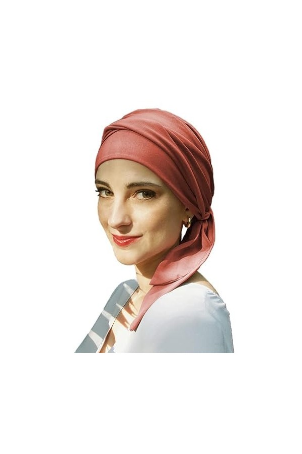 CAREBELL - Smooth - Bonnet Foulard oncologique en bambou pour chimiothérapie et alopécie avec rubans corail 