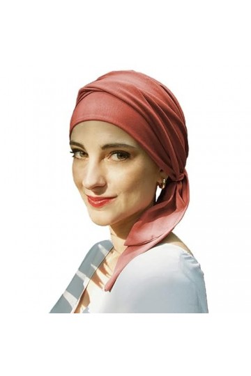 CAREBELL - Smooth - Bonnet Foulard oncologique en bambou pour chimiothérapie et alopécie avec rubans corail 