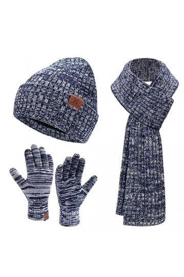 Hiver Chaud Bonnet Homme Femme Long Echarpe Gants Tactiles Ensemble avec Polaire Tricoter Cadeaux Noel Femme & Homme