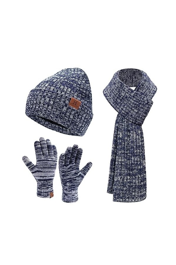 Hiver Chaud Bonnet Homme Femme Long Echarpe Gants Tactiles Ensemble avec Polaire Tricoter Cadeaux Noel Femme & Homme