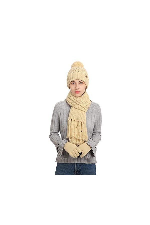INSISMY Écharpe Chapeau Gants Ensemble Bonnet Femme Cache-Cou Longue Écharpe et Gants Thermique Écran Tactile Ensemble 3 PCS 