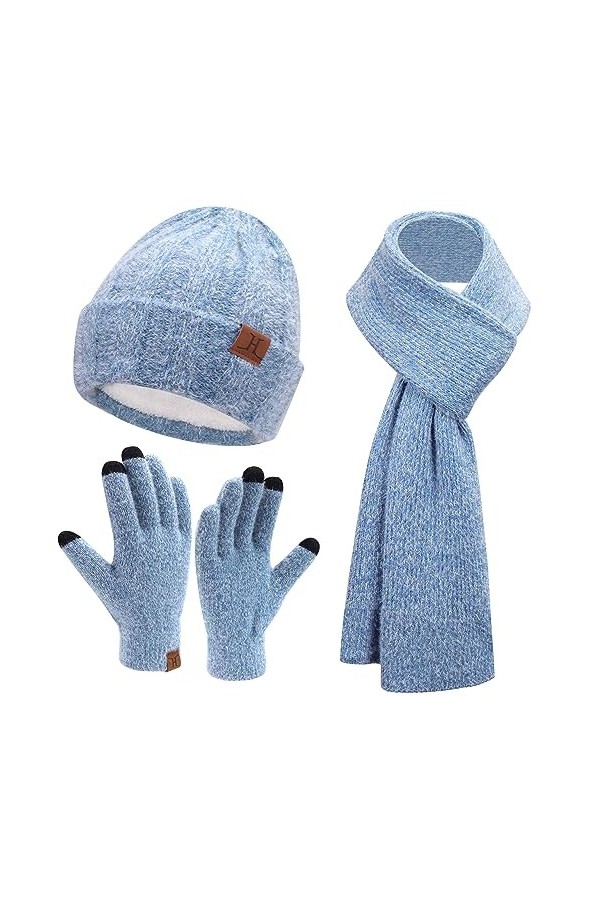 Femme Hiver Chaud Tricoter Bonnet Chapeau Gants Tactiles Longue Echarpe Ensemble avec Doublure Polaire Casquette Crâne, Rose 