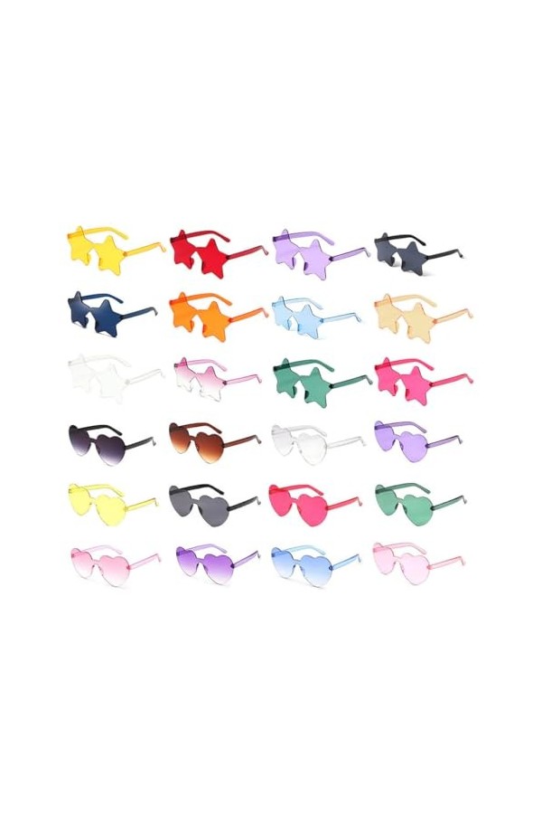 Kellegour Ensemble de 24 Pièces,12 Lunettes de Soleil en Forme de Coeur,12 Lunettes de Soleil en Forme Détoile,Lunettes en F
