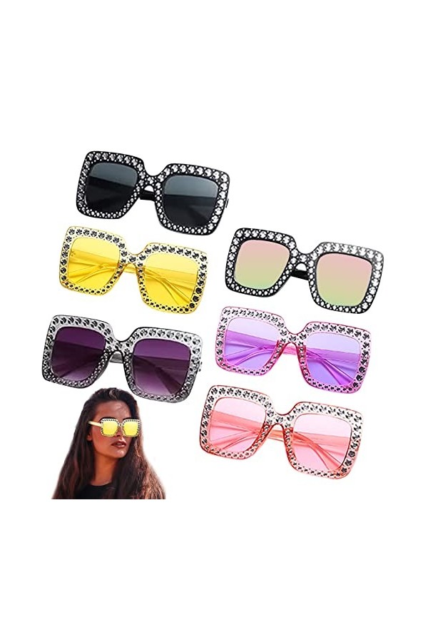 6 pièCes Lunettes de Soleil CarréEs SurdimensionnéEs Lunettes de Soleil en Cristal éTincelant Unisexe Lunettes de Soleil RéTr