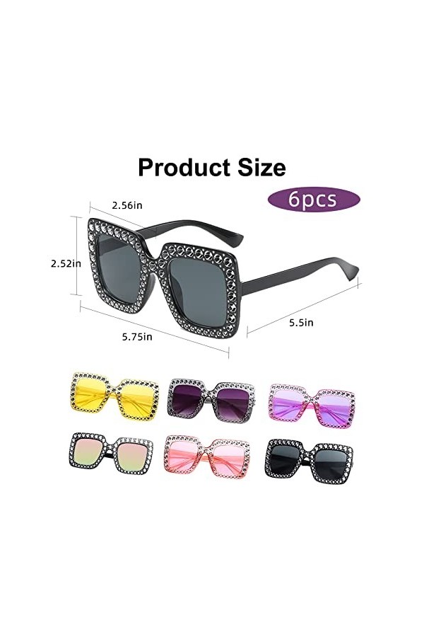 6 pièCes Lunettes de Soleil CarréEs SurdimensionnéEs Lunettes de Soleil en Cristal éTincelant Unisexe Lunettes de Soleil RéTr