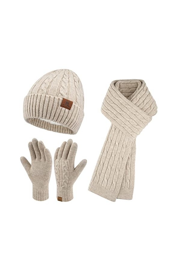 ZASFOU Bonnet dhiver pour femme, écharpe, gants tactiles, ensemble de gants en tricot thermique, bonnet dhiver, écharpes, g