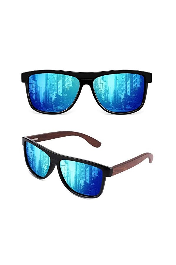 GQUEEN Lunettes de Soleil Homme Femme Polarisées, Classique Lunettes de Soleil en Bois 100% UV400 Protection MOS07