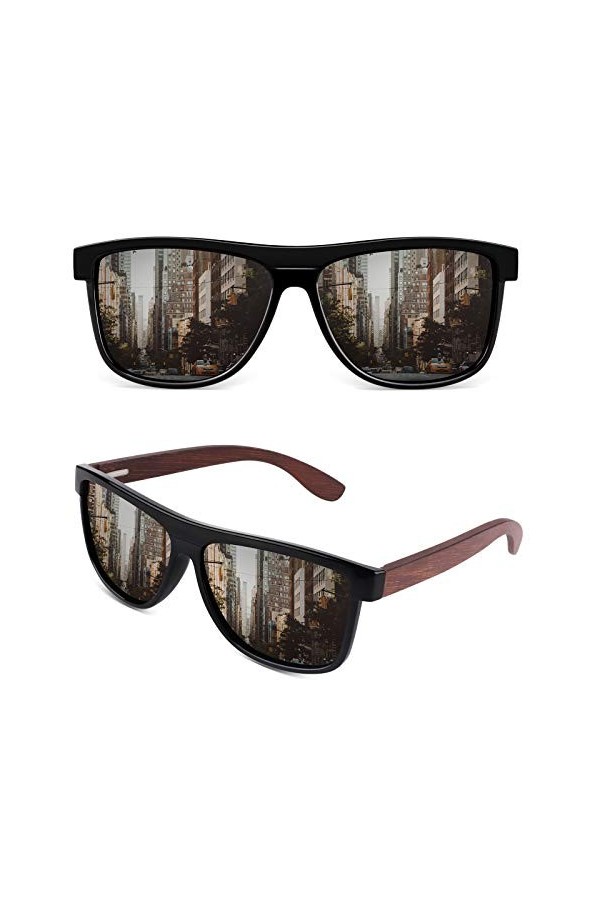 GQUEEN Lunettes de Soleil Homme Femme Polarisées, Classique Lunettes de Soleil en Bois 100% UV400 Protection MOS07