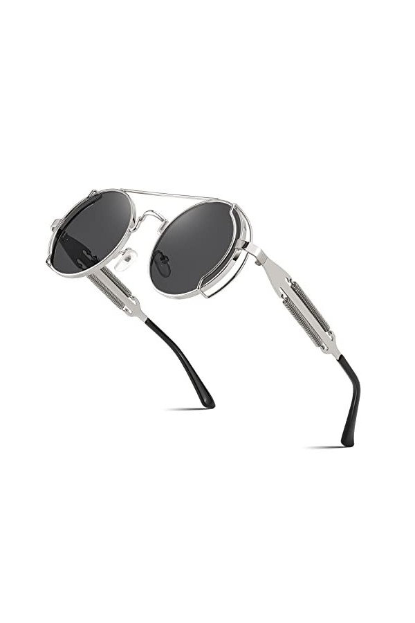 FEISEDY Lunettes de Soleil Steampunk Homme Femme Lunettes Rétro Rondes Hippie avec Monture en Métal Protection UV400 pour la 
